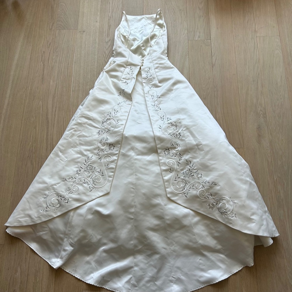 Vintage Jessica McClintock Wedding Gown Satin White Floral Embroidered Gemstone - Picture 3 of 16